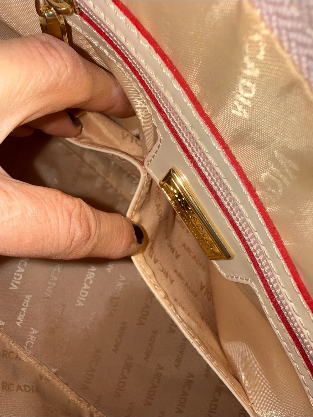 Arcadia Cream Patent Satchel with Red Trim